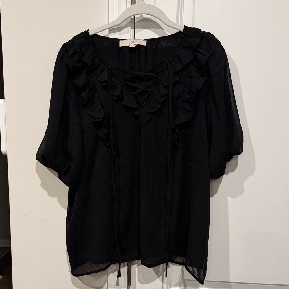 LOFT Black Ruffle Tie-Front Blouse